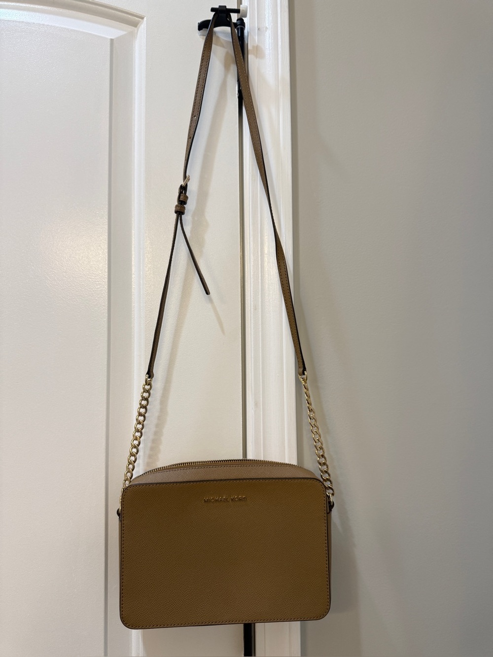 Michael Kors Brown Leather Crossbody with Gold Chain Accents